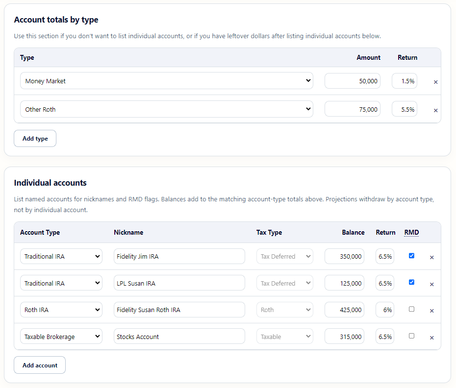 Account totals by type and individual accounts for Jim and Susan